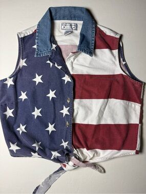 Quiz Jeans Vintage Americana US Flag Tie Front Crop Top Size M 100% Cotton